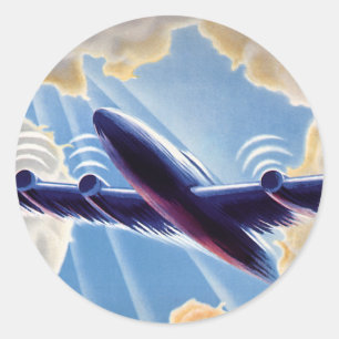 Reise im Vintage-Stil, Flugzeug fliegt durch Wolke Runder Aufkleber