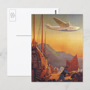 Reise im Vintage-Stil, Flugzeug über Dschunken in  Postkarte