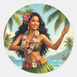 Reise im Vintage-Stil Hawaiian Hula Girl Runder Aufkleber