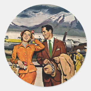 Reise im Vintage-Stil, Touristen auf dem Vorfeld d Runder Aufkleber