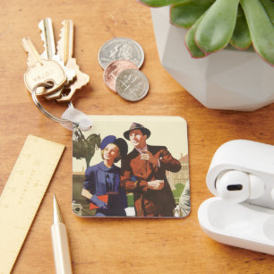 Reise im Vintage-Stil, Touristen auf Urlaubssights Schlüsselanhänger