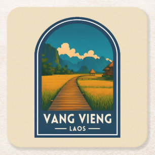 Reise im Vintage-Stil Vang Vieng Laos Retro-Panora Rechteckiger Pappuntersetzer
