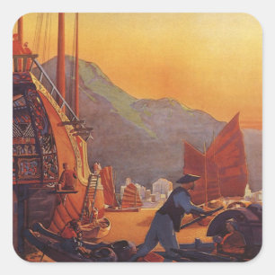 Reise in alten Zeiten, Flugzeug über Dschunken in  Quadratischer Aufkleber