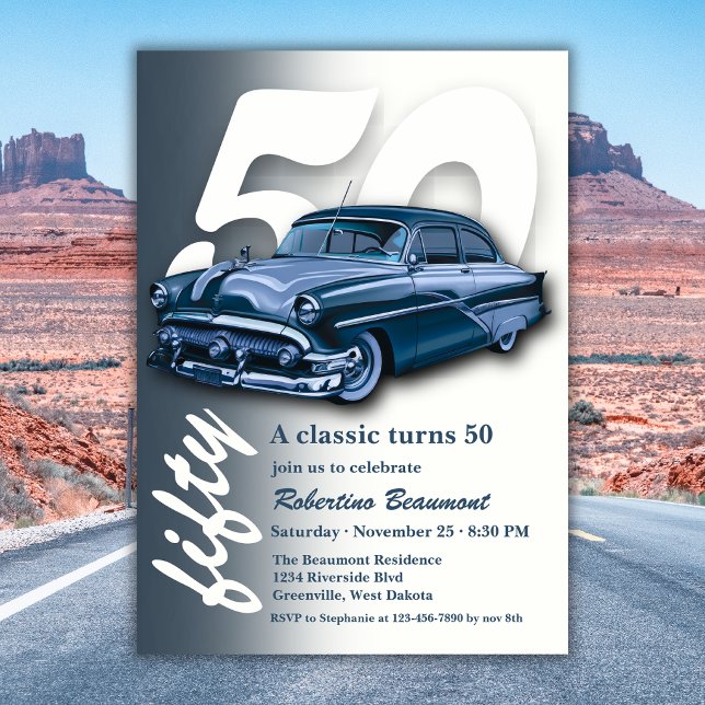 Reise-Klassik-Blau-Auto wird 50 Jahre alt Einladung (Von Creator hochgeladen)