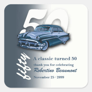 Reise Klassisch Blaues Auto wird 50 Jahre alt Quadratischer Aufkleber