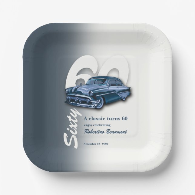 Reise Klassisch Blaues Auto wird 60 Jahre alt Pappteller (Vorderseite)