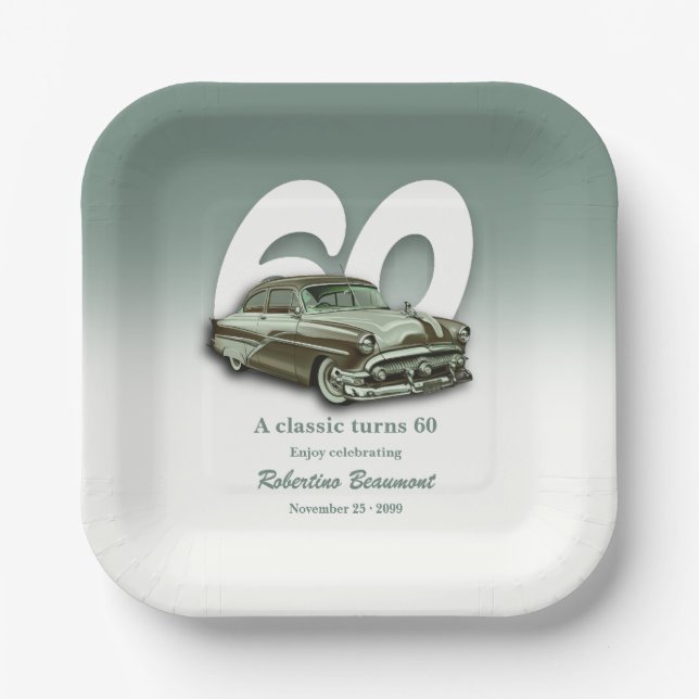Reise Klassisches Grünes Auto wird 60 Jahre alt Pappteller (Vorderseite)