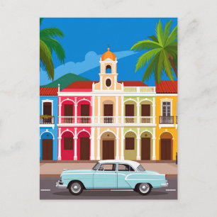 Reise mit Retro-Autos und farbenfrohen kolonialen Postkarte