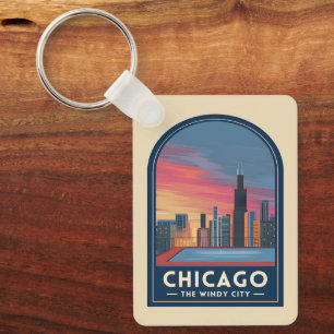 Reise nach Chicago im Vintage-Look - Sonnenunterga Schlüsselanhänger