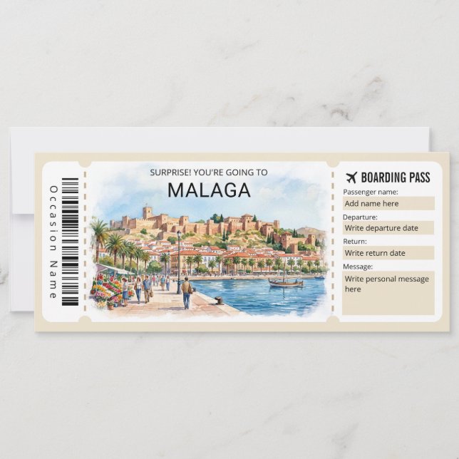 Reise nach Málaga Spanien Bordkarte Ticket Einladung (Vorderseite)