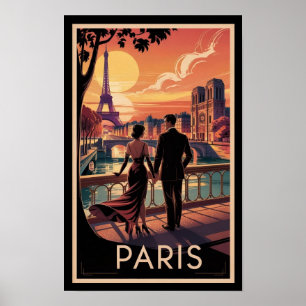 Reise nach Paris Paar und Eiffelturm Vintage  Poster