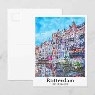 Reise nach Rotterdam Niederlande Wasserfarbe Handg Postkarte