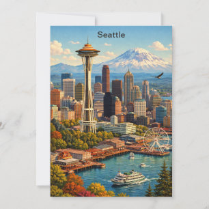 Reise nach Seattle Washington Skyline Blick Vintag Karte