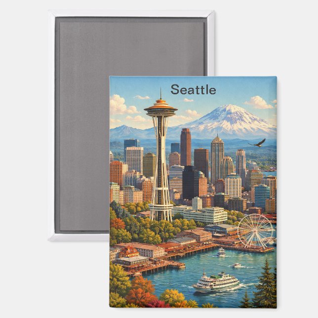 Reise nach Seattle Washington Skyline Blick Vintag Magnet (Vorderseite/Rückseite)