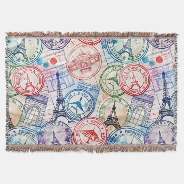 Reise-Stempel-Muster im Vintage-Stil (2) Decke (Vorderseite)