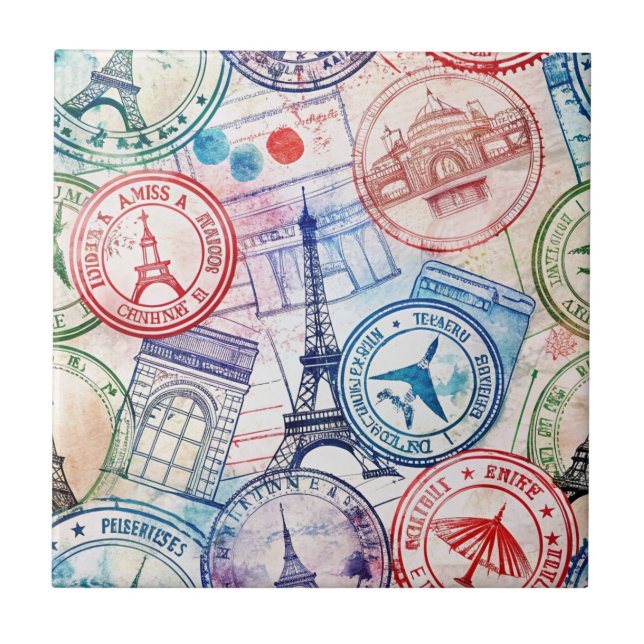 Reise-Stempel-Muster im Vintage-Stil (2) Fliese (Vorderseite)