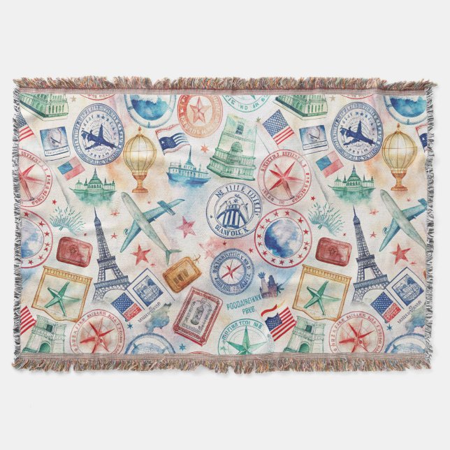 Reise-Stempel-Muster im Vintage-Stil (3) Decke (Vorderseite)