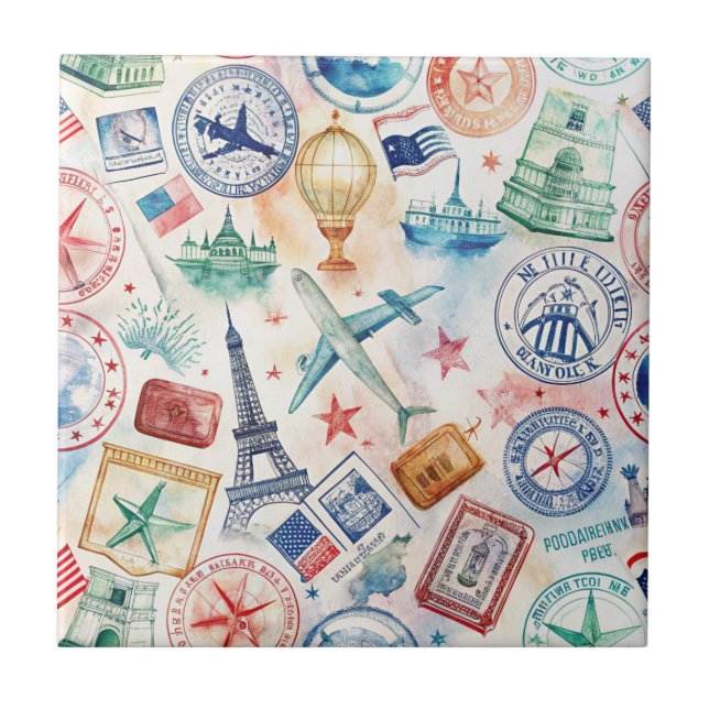 Reise-Stempel-Muster im Vintage-Stil (3) Fliese (Vorderseite)