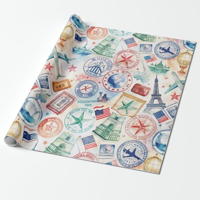 Reise-Stempel-Muster im Vintage-Stil (3) Geschenkpapier (Ungerollt)
