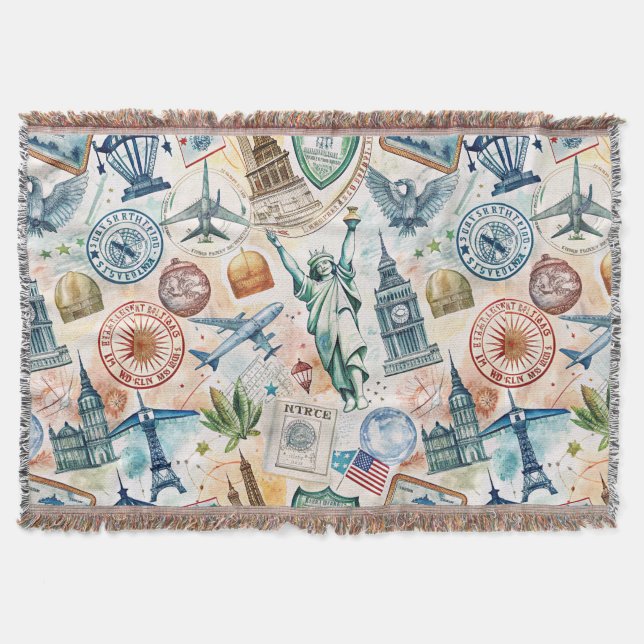 Reise-Stempel-Muster im Vintage-Stil (6) Decke (Vorderseite)