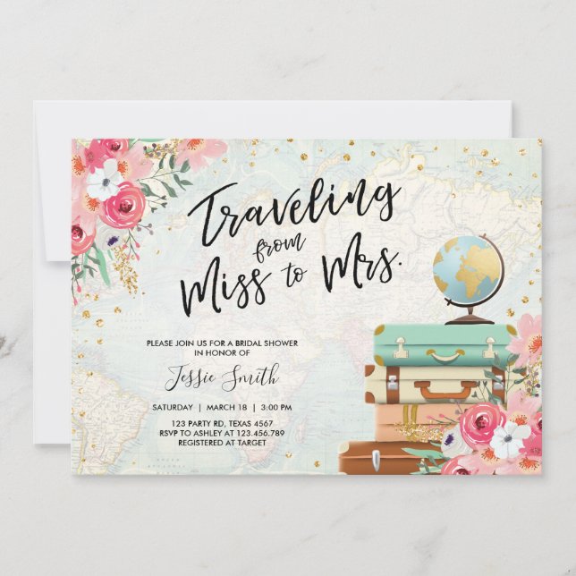 Reise Thema Brautdusche Einladung Miss zu Frau. (Vorderseite)