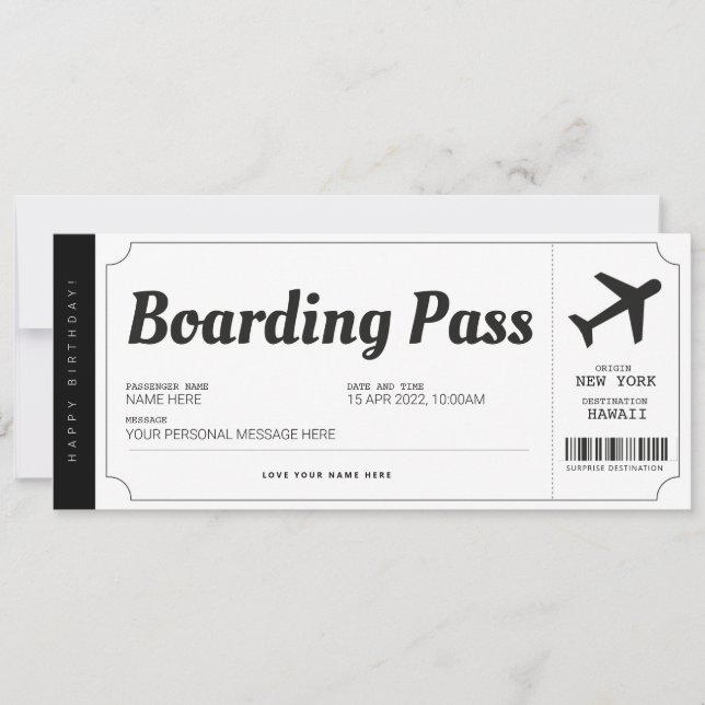 Reise-Ticket für den Boarding Überraschen Einladung (Vorderseite)