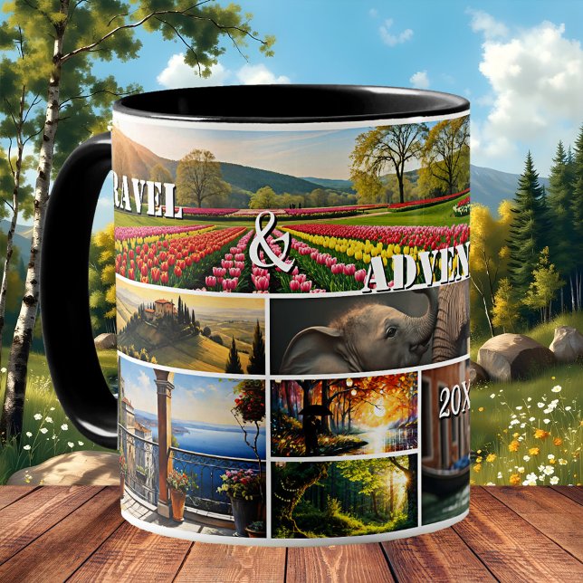 Reise- und Abenteuer-Urlaubsfoto-Collage  Kaffeetasse (Mug featuring a collage with 9 of your favorite travel or holiday pictures - adventure keepsake)