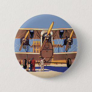 Reise- und Verkehrsdoppeldeckerflugzeug im Vintage Button