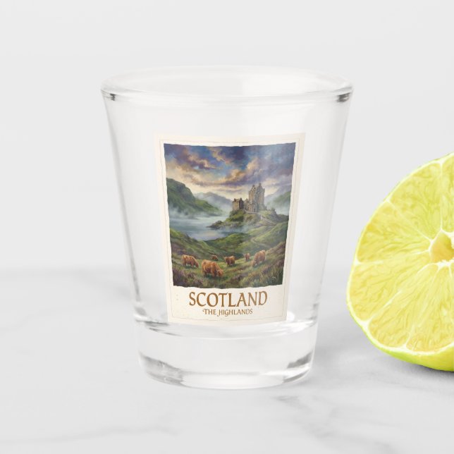 Reise-Vintage-Bild der schottischen Highlands Schnapsglas (Vorderseite)