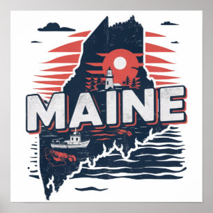 Reise Vintage-Karte des US-Bundesstaates Maine Poster