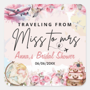 Reise von Miss zu Mrs Brautparty Blumenstrauß Quadratischer Aufkleber