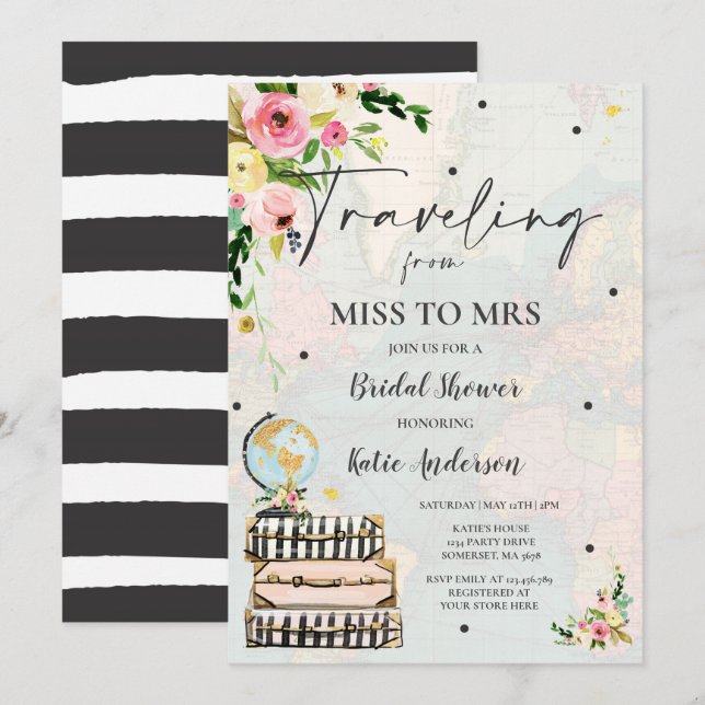 Reise von Miss zu Mrs. Brautparty Map Bride Einladung (Vorne/Hinten)