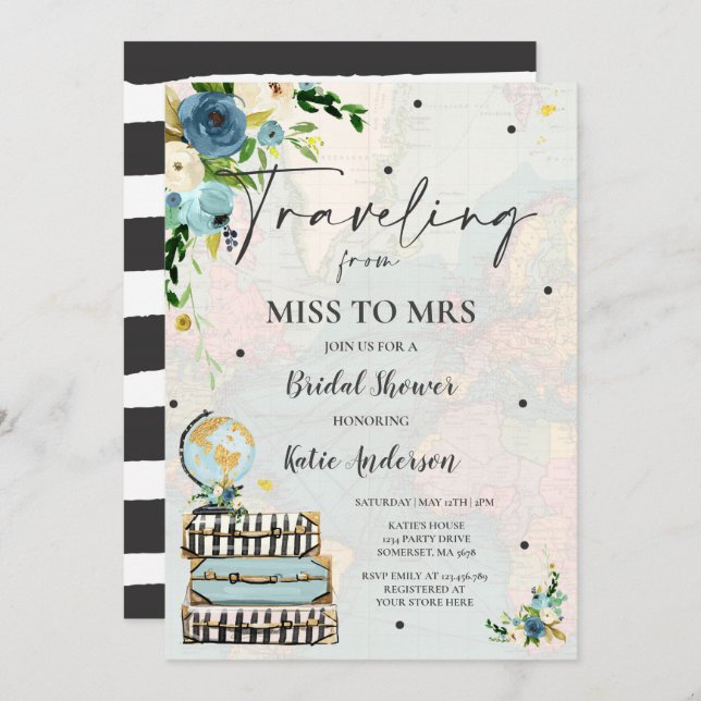 Reise von Miss zu Mrs. Brautparty Map Bride Einladung (Vorne/Hinten)