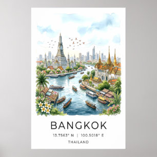 Reise-Wasserfarbdruck, Skyline von Bangkok und Poster