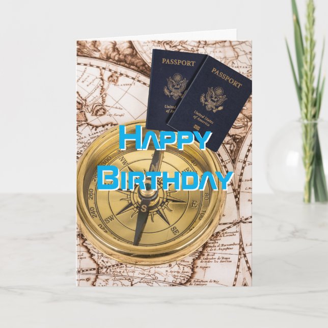 Reise, Weltkarte, Reisepass, Compass, Geburtstag Karte (Vorderseite)