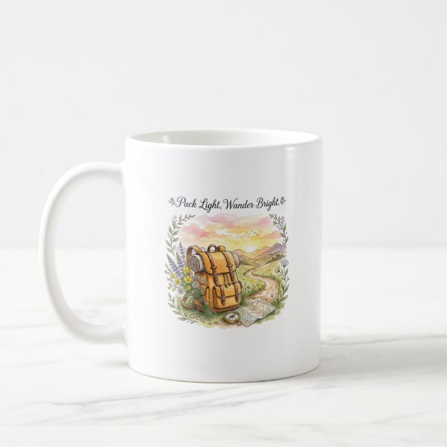 Reiseabenteuer-Zitat 'Pack Light Wander Bright' Kaffeetasse (Links)