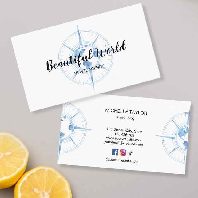 Reisebüro Blog Weltkarte Kompass Visitenkarte (blue watercolor compass with globe)
