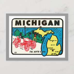 Reiseetikett Michigan MI Auto State Vintage Postkarte