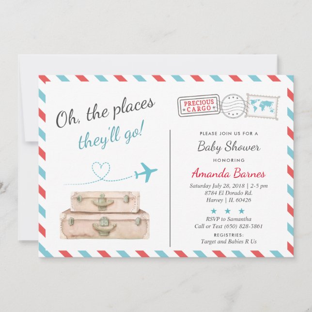Reiseflugzeug Twin Baby Dusche Sprinkle Red Blue Einladung (Vorderseite)