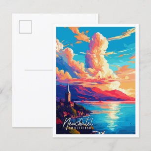 Reiseillustration Neuenburg Schweiz vintage Postkarte