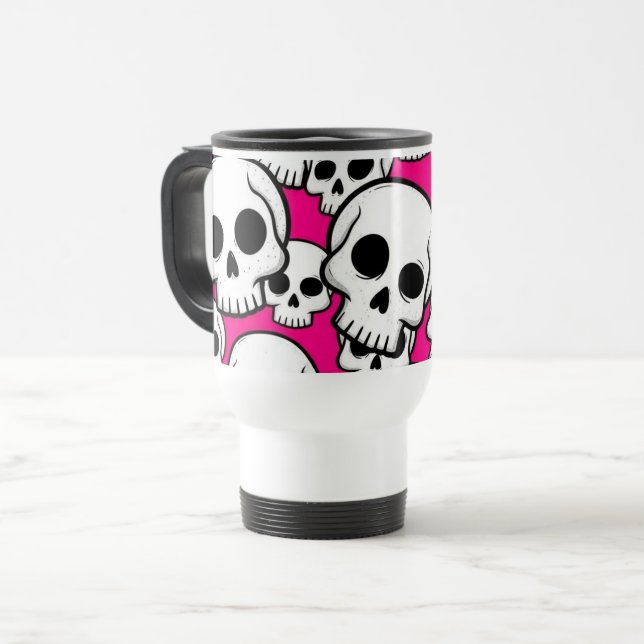 Reisemug mit rosa Totenkopfmuster Reisebecher (Vorderseite Links)