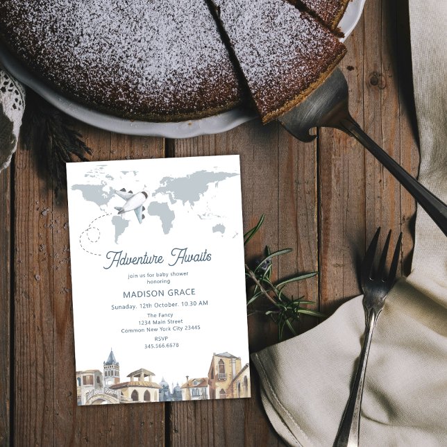 Reisen Adventure World Map Airplane Babydusche Einladung (Travel Adventure World Map Airplane Baby Shower Invitation)