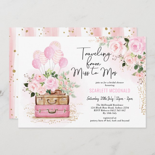 Reisen Brautparty Vintager Koffer Rosa Bläschen Einladung (Vorne/Hinten)