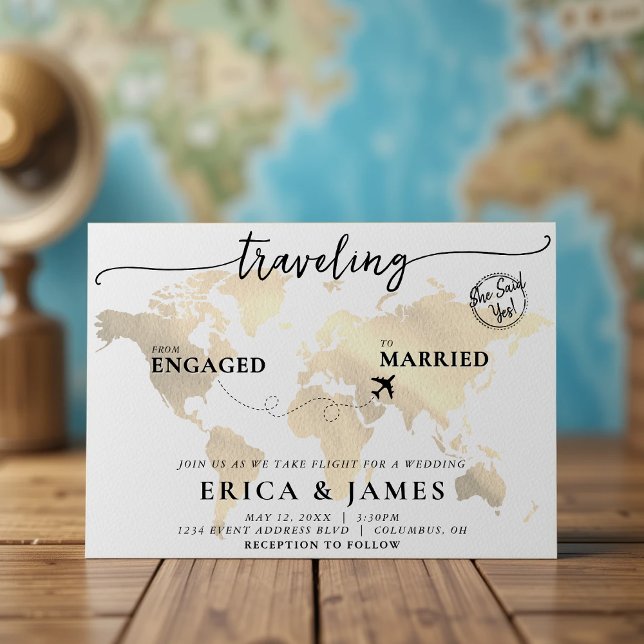 Reisen von der Verlobten bis zur Verheirateten Gol Einladung (Traveling from Engaged to Married Gold Map Wedding Invitation
)