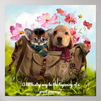Reisen von Kätzchen und Welpen in einer Tasche Poster