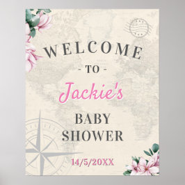 Reisen Weltkarte Pink Floral Baby Dusche Willkomme Poster