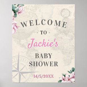 Reisen Weltkarte Pink Floral Baby Dusche Willkomme Poster