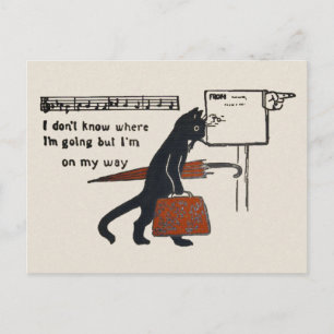 Reisende schwarze Katze im Vintage-Stil auf einer  Postkarte