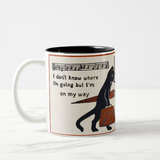 Reisende schwarze Katzen-Vintage Zweifarbige Tasse (Links)