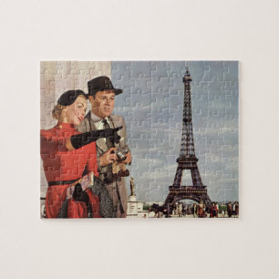Reisende Vintage-Touristen am Eiffelturm in Paris Puzzle
